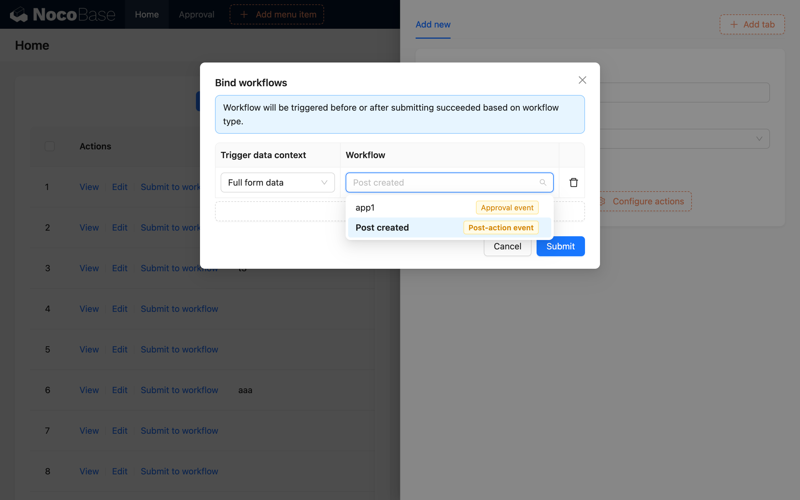 Post-Action Event_Bind Workflow Configuration_Workflow Selection