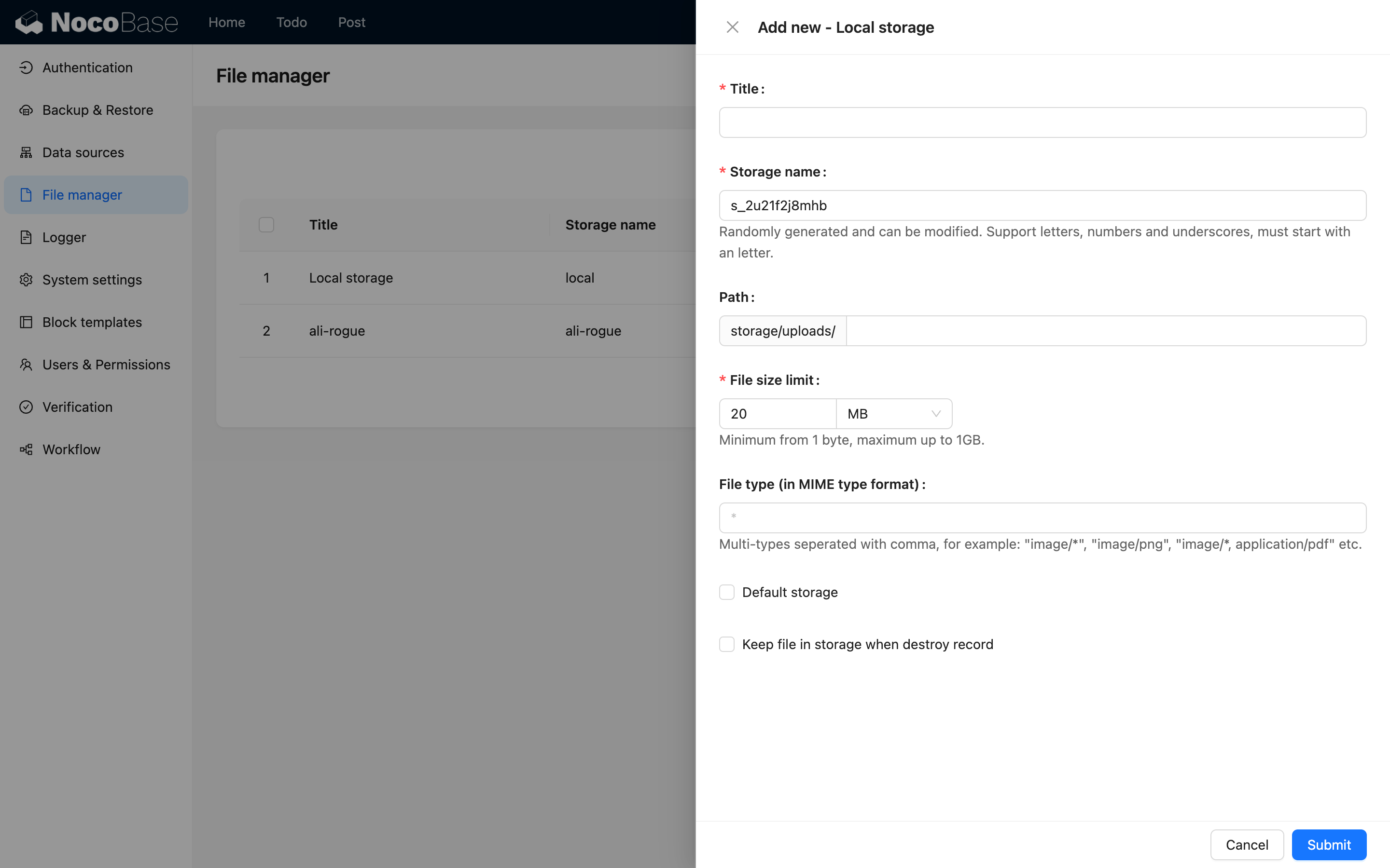 File storage engine configuration example
