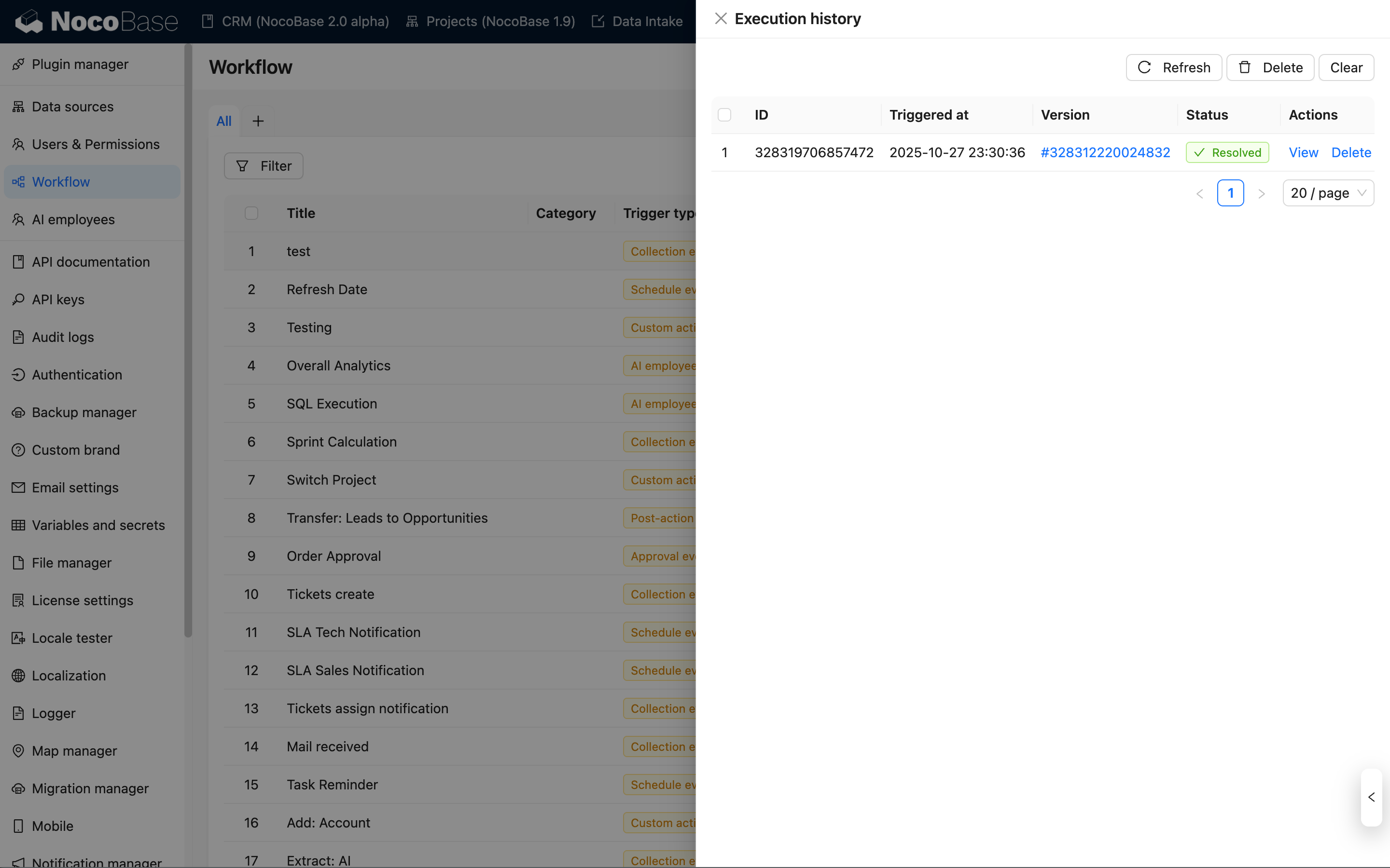 Execution history list for the corresponding workflow