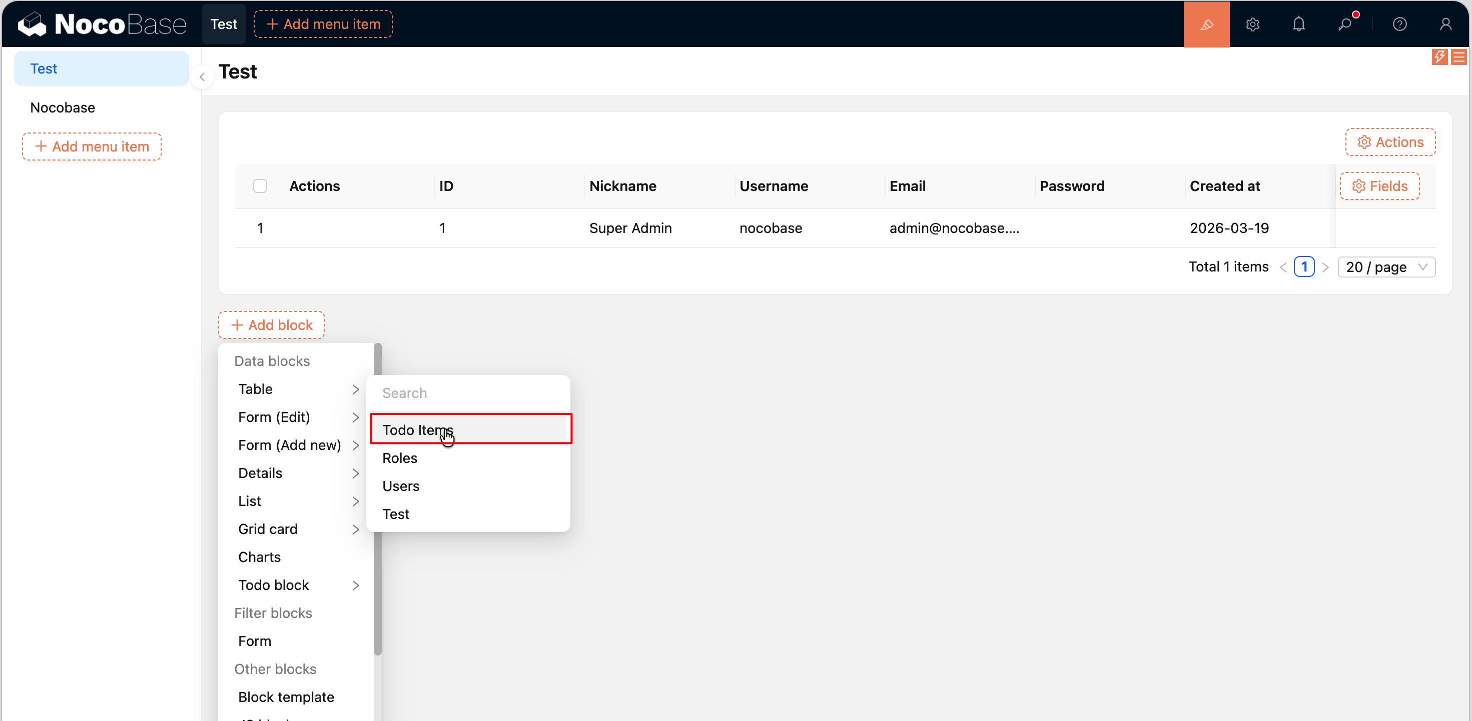 Có thể chọn bảng của mình khi thêm Block