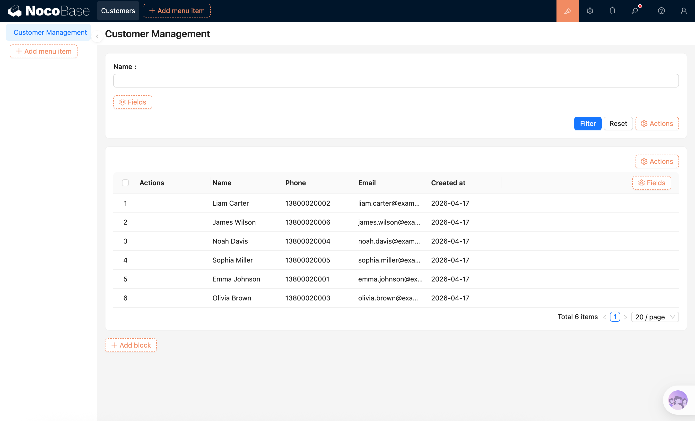 Customer management page