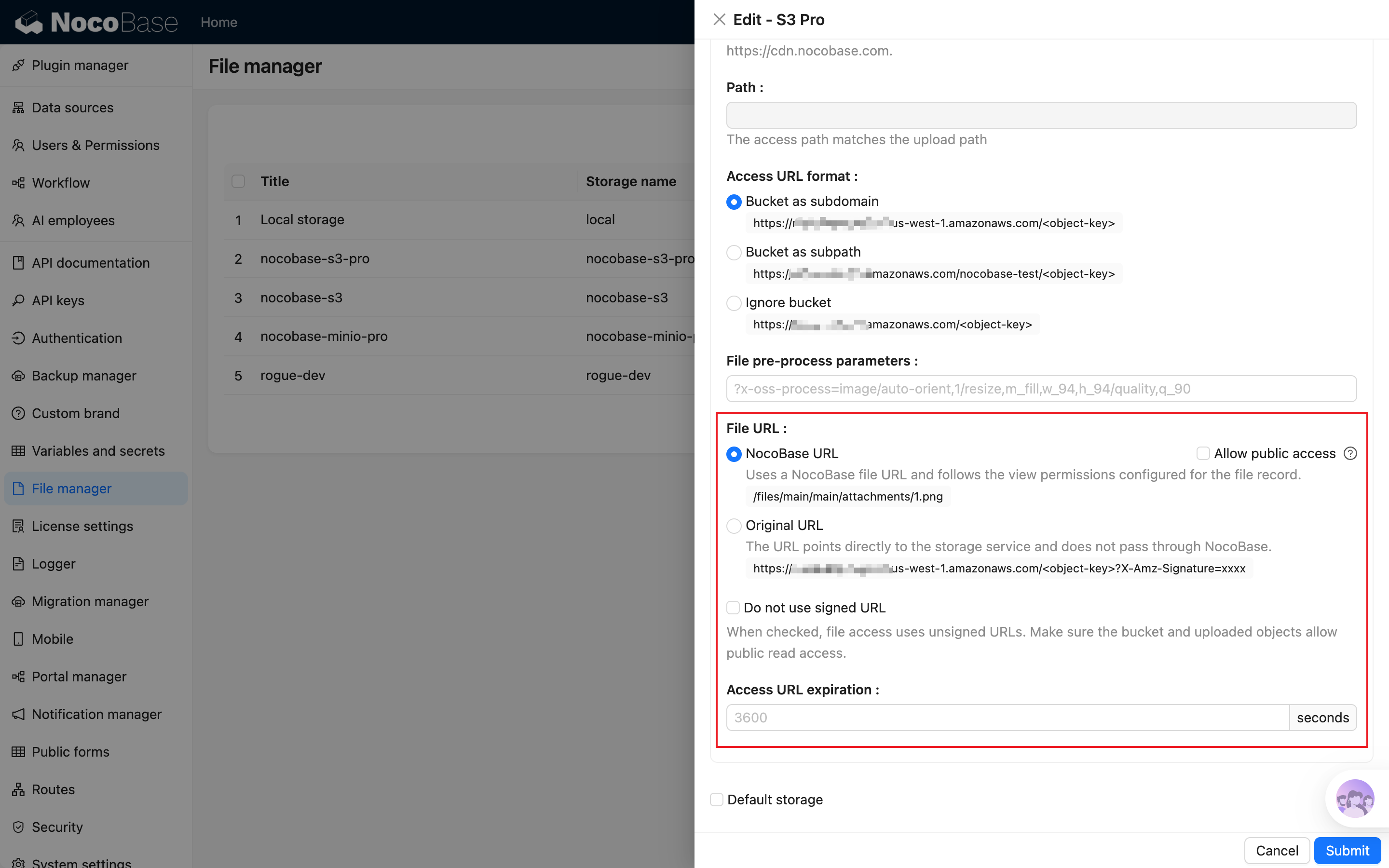 Configuración de URL de S3 Pro