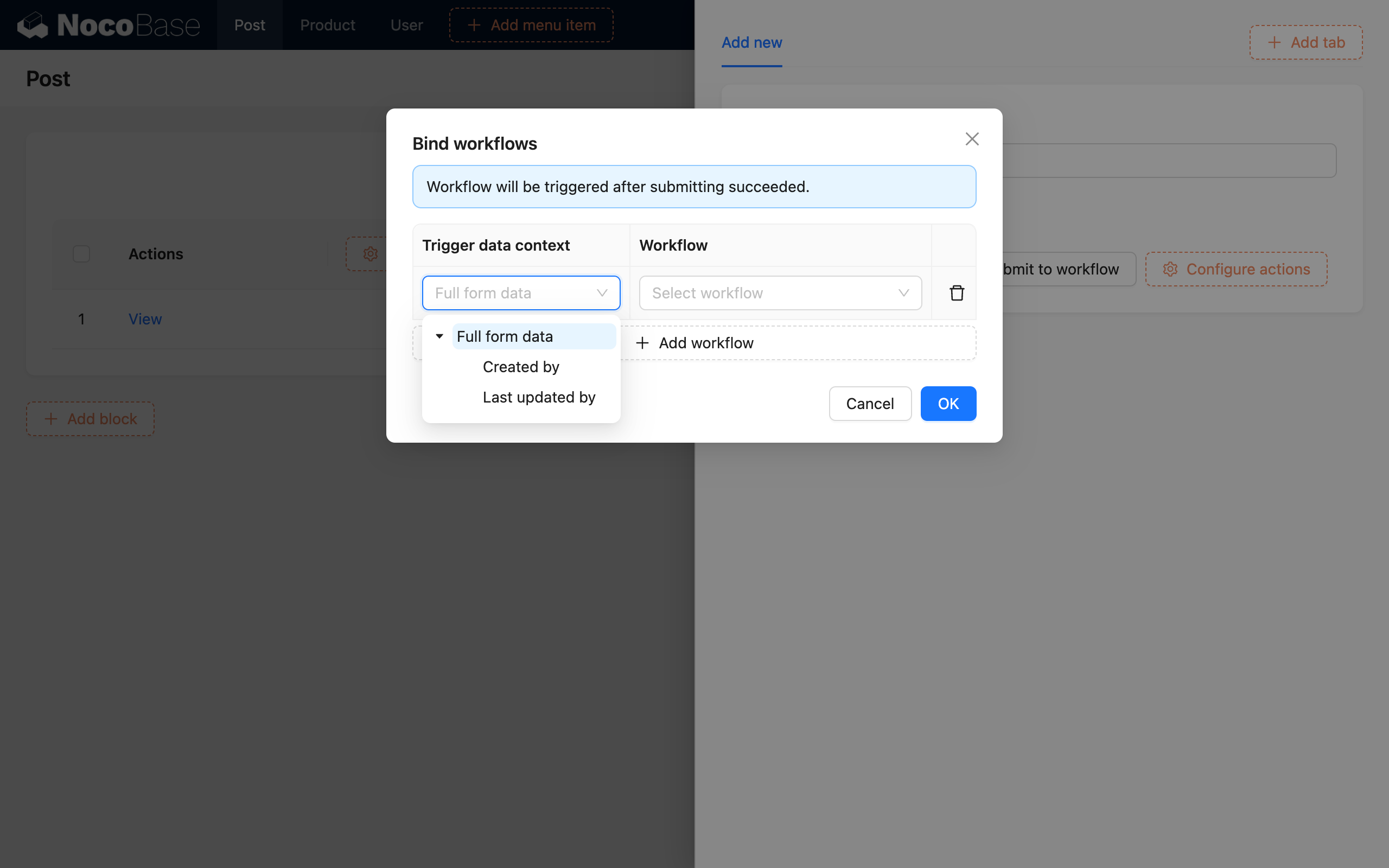 Post-Action Event_Bind Workflow Configuration_Context Selection