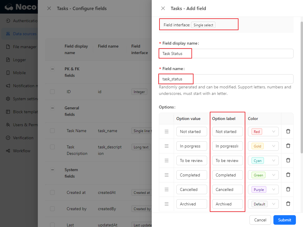 Status Field Configuration