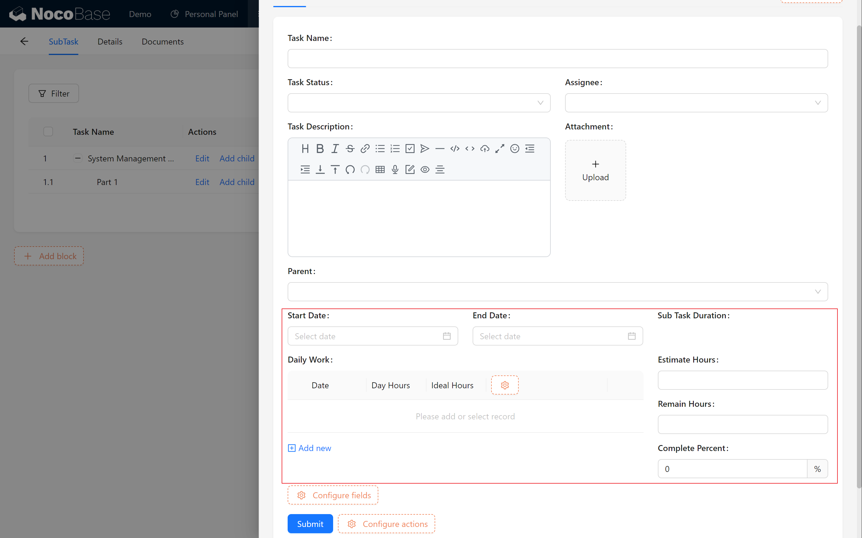 Completed Subtask Page Example