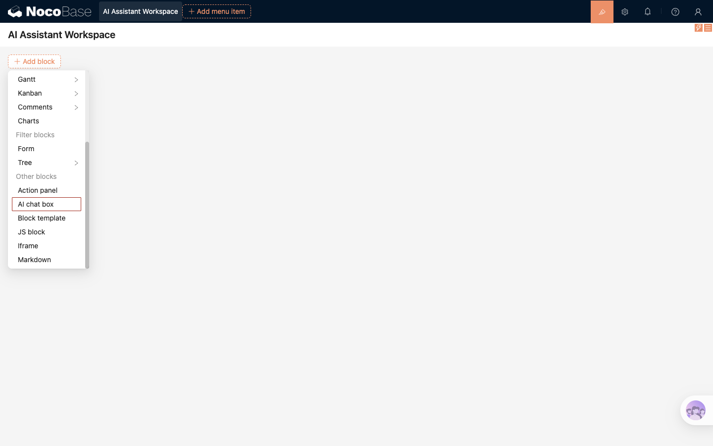 Memilih AI chat box pada menu Add block