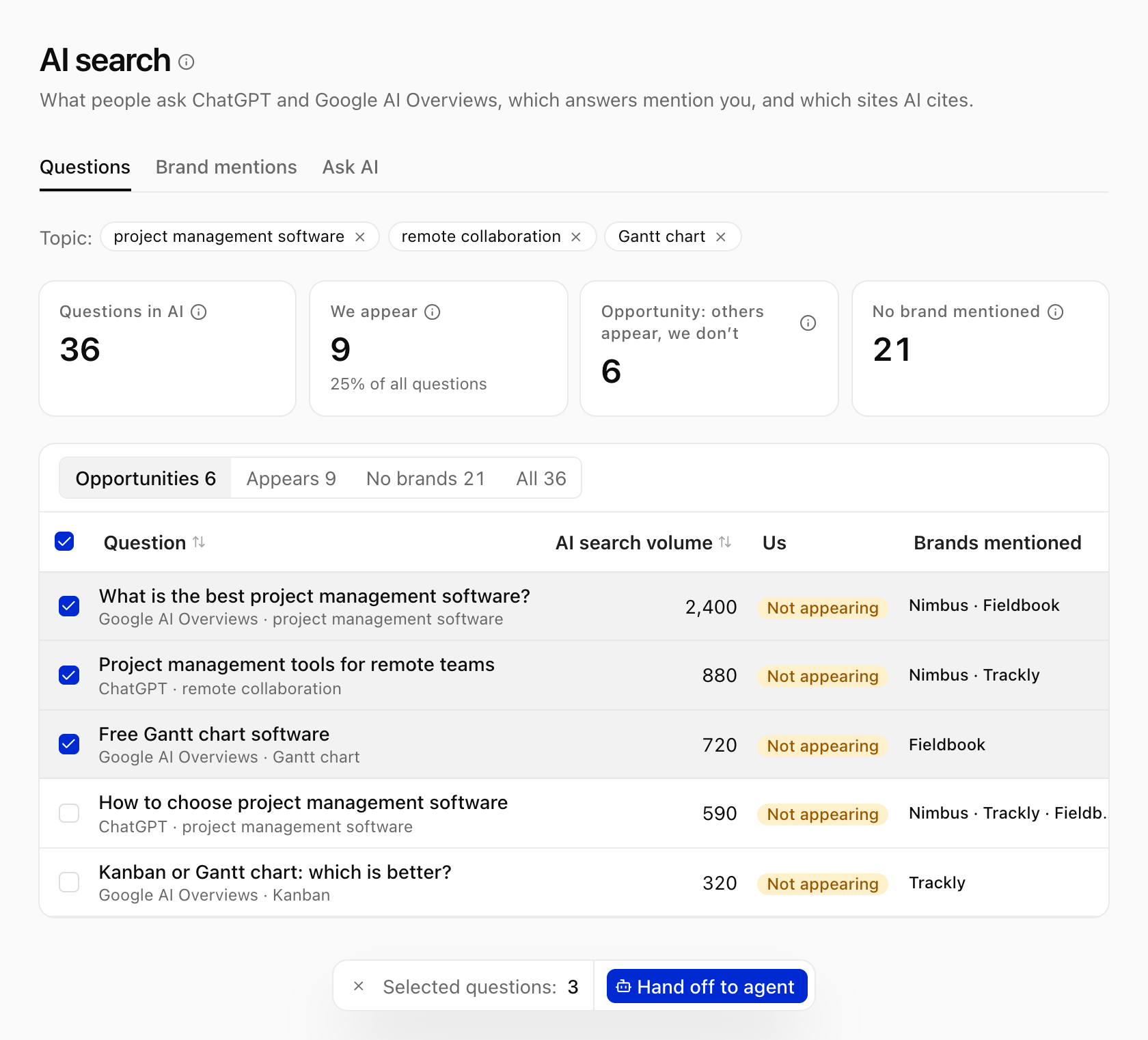 NocoReach AI search: questions ticked and handed to an agent