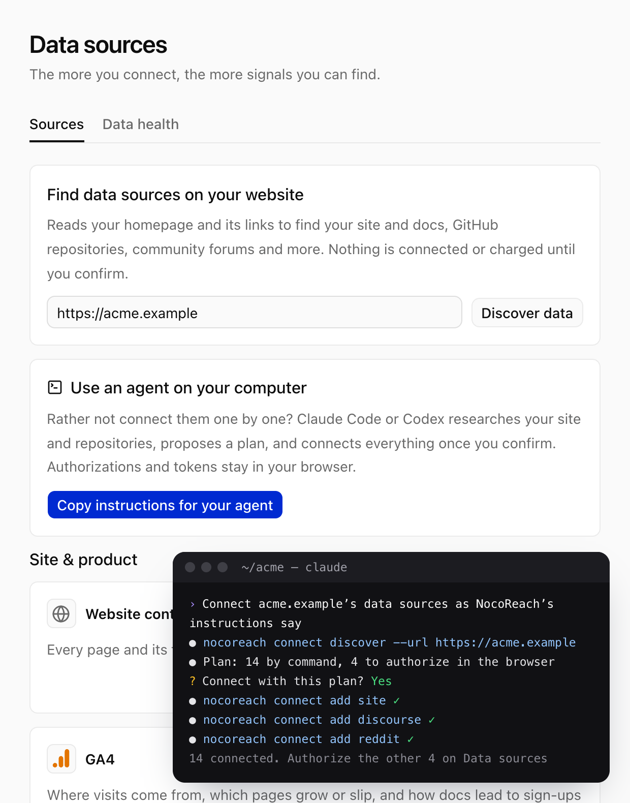 An agent on your computer connects the data sources from its plan