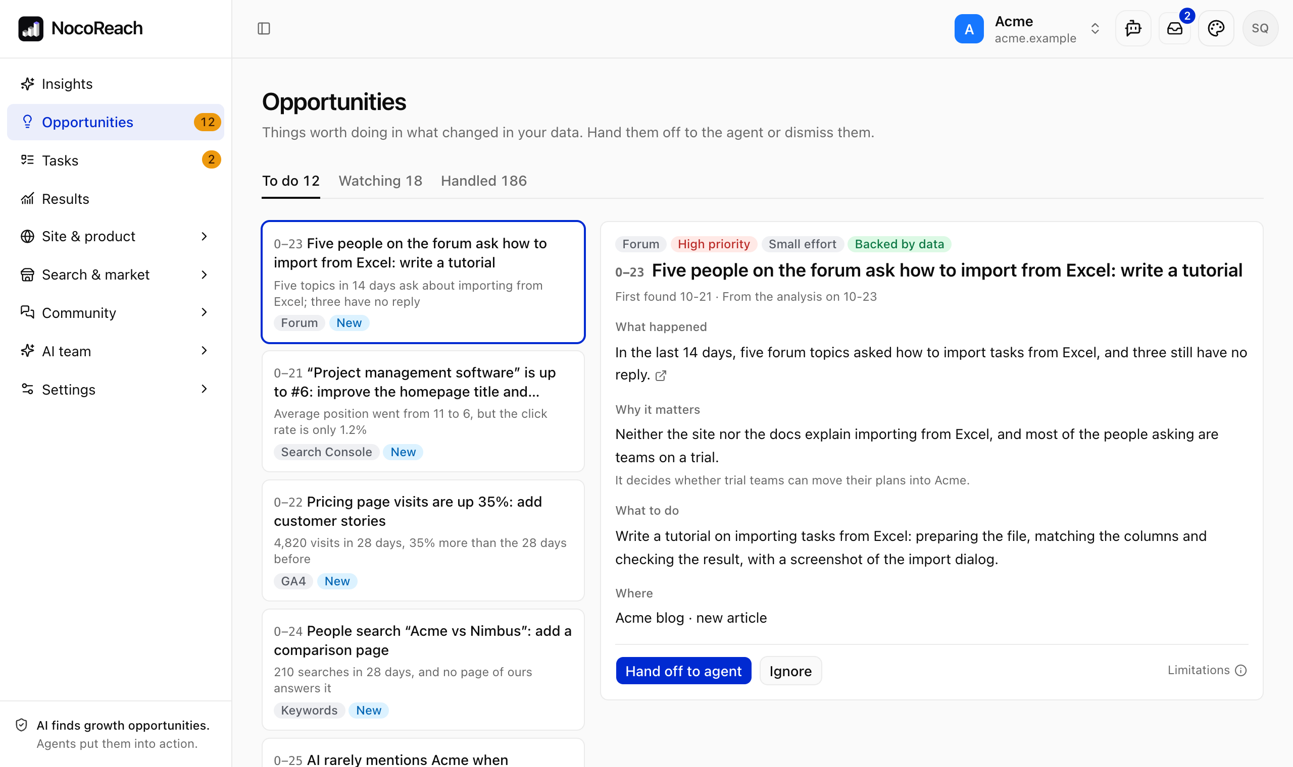 NocoReach Opportunities: the opportunities to decide on, one of them in full