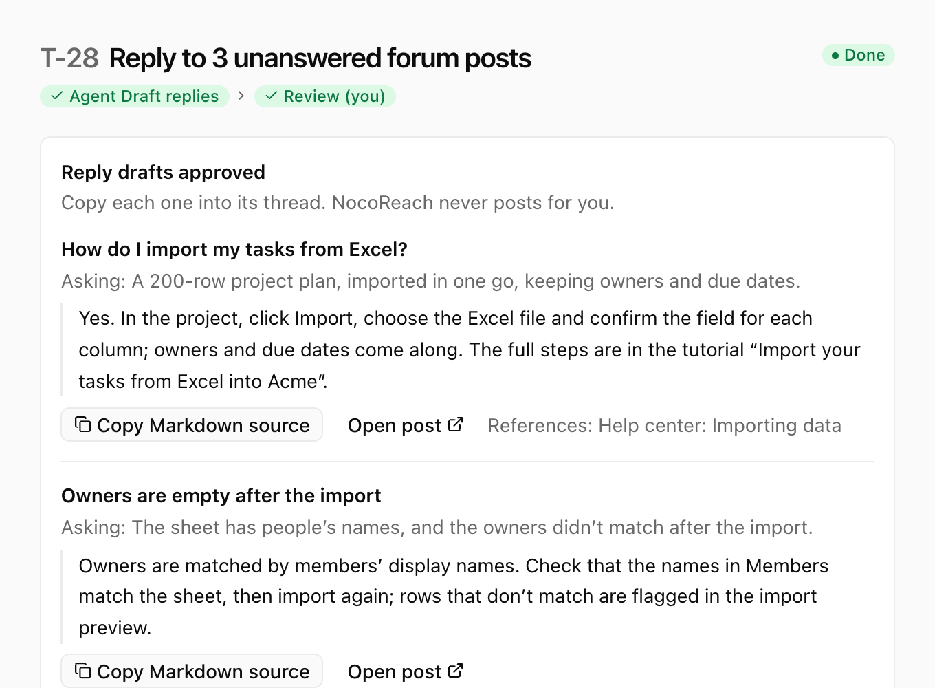 Community reply drafts, copied into each thread by you