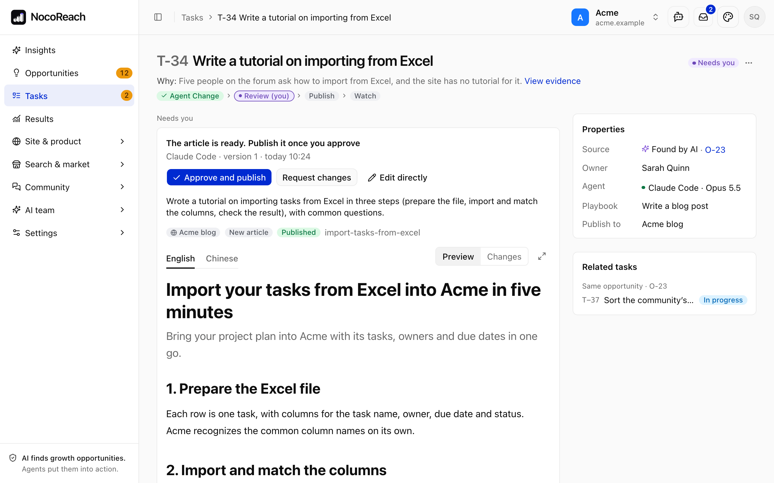 NocoReach task page: an article waiting for your review