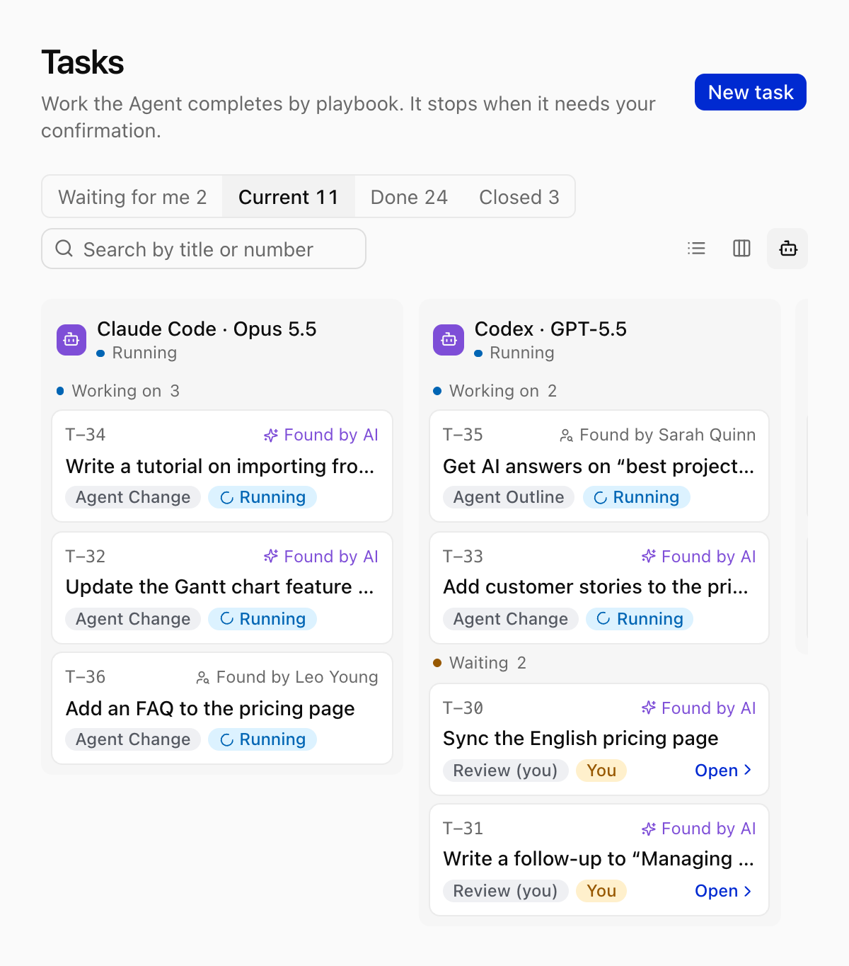 NocoReach Tasks by agent: the work each agent has in hand